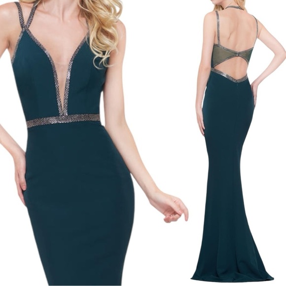 NWT Glow Emerald Green and Silver Bead Illusion Mermaid Gown sz 6 - Picture 14 of 16